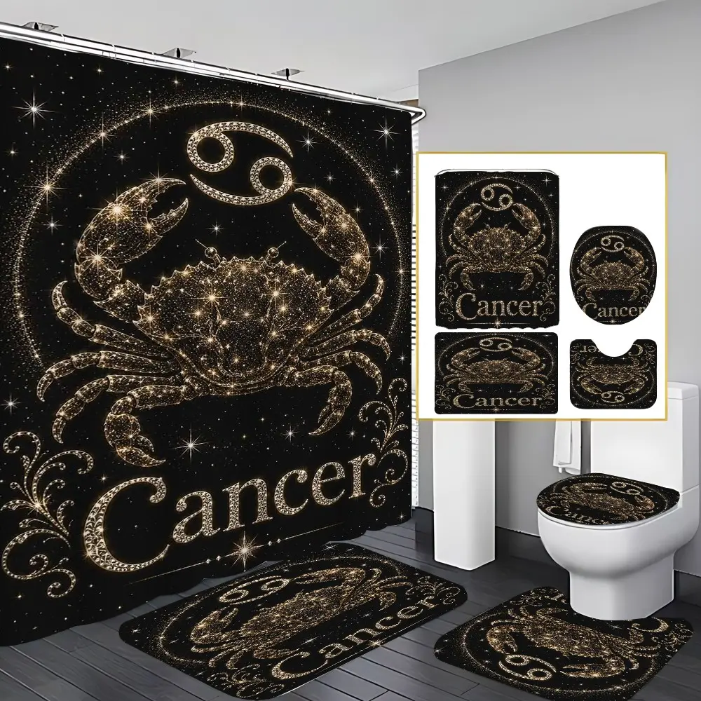 4 Pcs Gold Glitter Cancer Zodiac Constellation Bathroom Curtain Set Waterproof Mold Resistant Washable Shower Curtain Non‑Slip Quick Dry Bath Mats Toilet Cover U Mat Bathroom Decor For Home Apartment, Suitable For Home Owners Apartment Dwellers