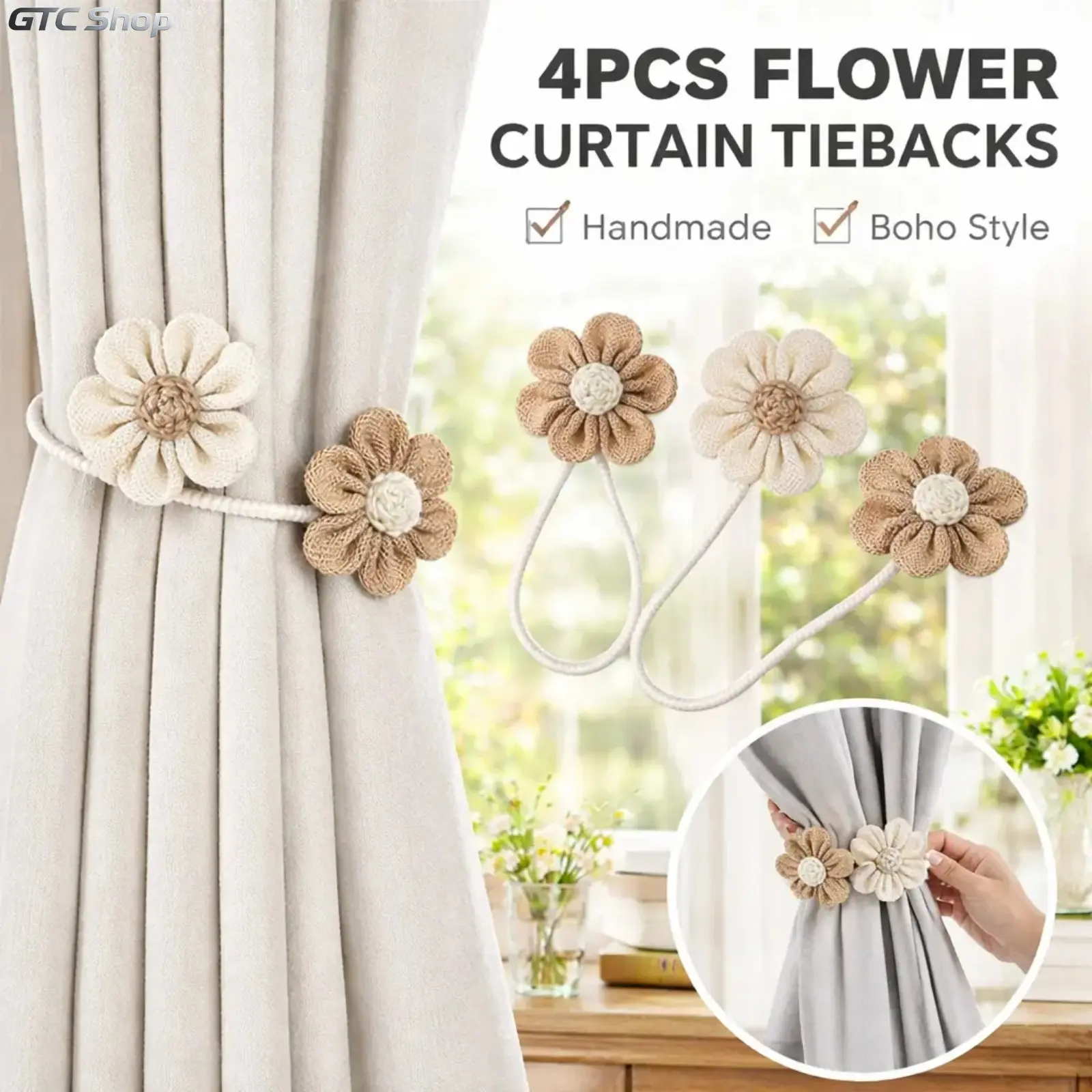 4‑Piece Flexible Cotton Linen Window Curtain Tiebacks, 2 Flower‑Shaped & 2 Adjustable‑Length Twist Rope Holdbacks, No‑Hardware No‑Rings Natural‑Style Décor for Cottage Valances & Living Room Window Treatments