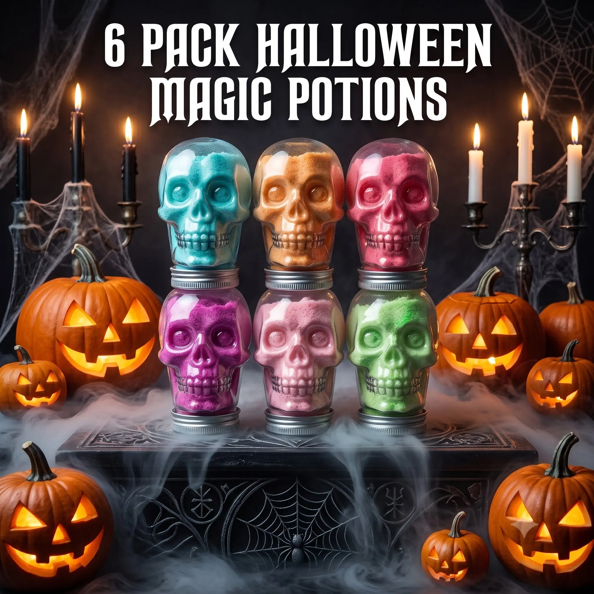[1/6PCS randomly scent] Halloween Foaming Bath Salts Powder Set bubble bath set - Skull Magic Potion Bath Kit with Rich Bubbles, Spooky Halloween Gift Set for Famil, Fizzy Bubble Bath Powder Jars with Lavender Lemon Rose Ocean Eucalyptus, Body Care Gift
