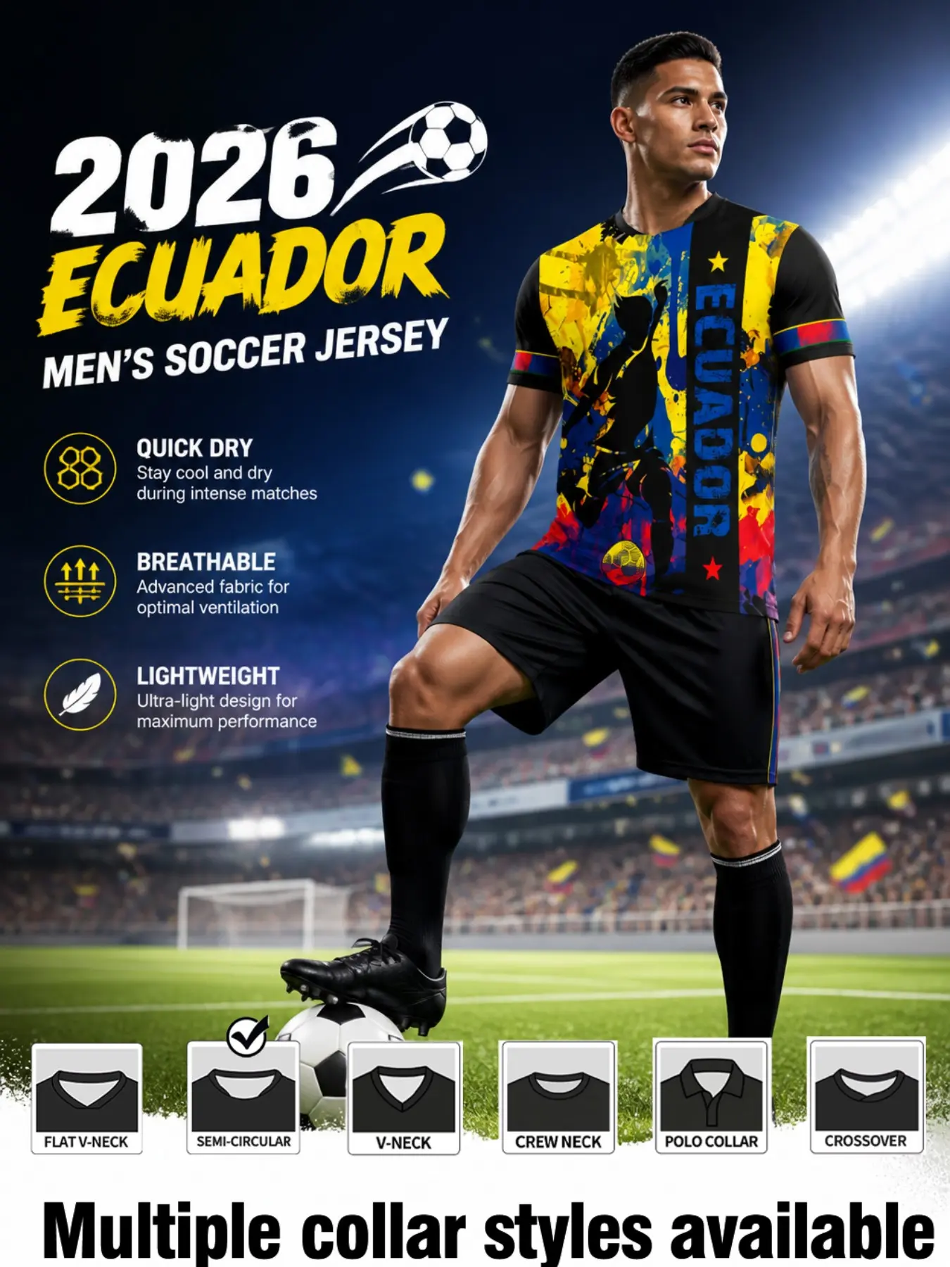 2026 Ecuador Sport Short Sleeve Jersey, Training & Casual Wear, Player Outline Print, Vertical Letter Mark, Football Pattern, Fan Apparel