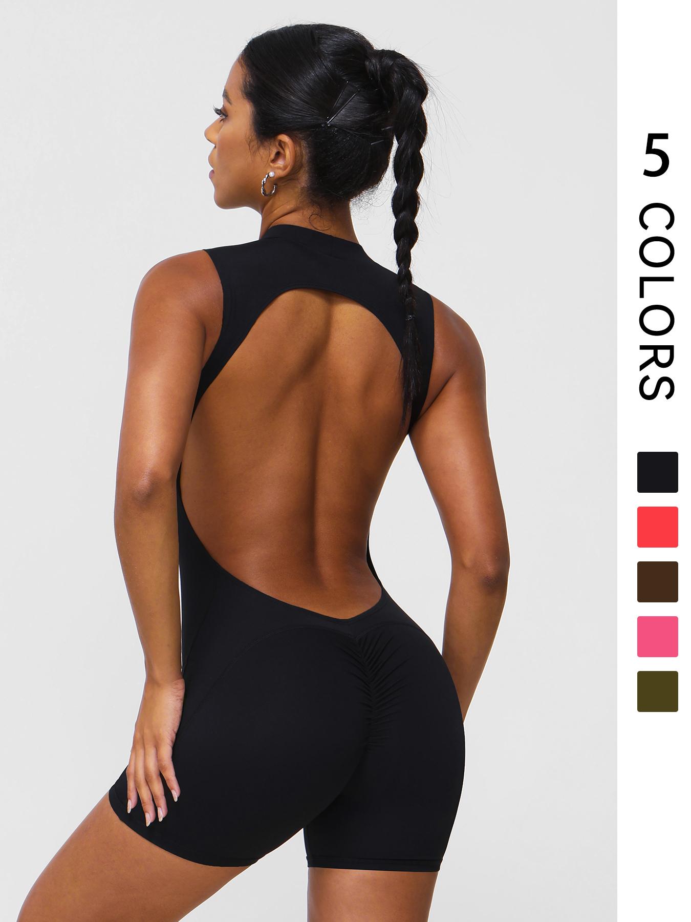 Women's Solid Color Sporty Jumpsuit, Sexy Tight Fit Sleeveless Backless Design, Fashionable Comfortable Yoga Fitness One-Piece Sporty Comfy Jumpsuit