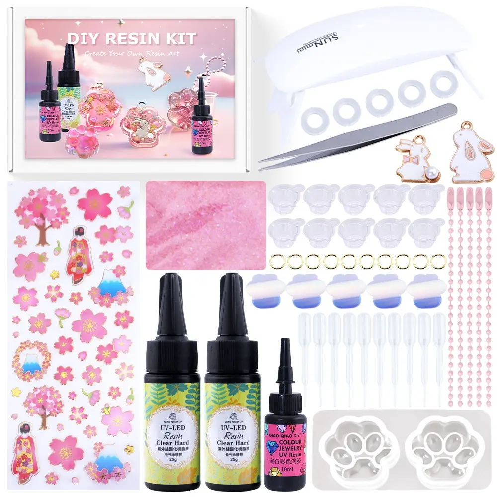 55psc/set DlY UV resin cat paw jewelry mold kit，equipped with UV lamp, 50g UV resin glue, suitable for making cat paw pendant kit, resin accessories, epoxy keychain, jewelry making, suitable for beginners to make entry-level kit Jewelry Making Kits
