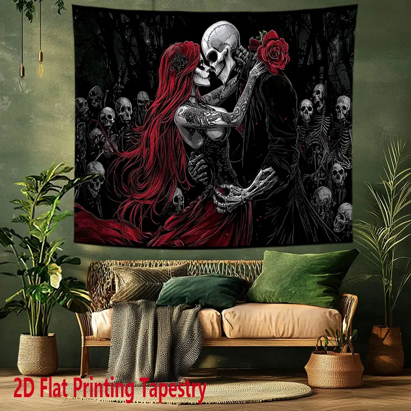 2D Flat, 2D Flat Printing Tapestry, 1pc Festive Party Decor Polyester Background Cloth, Gothic Skeleton Lovers Tapestry, Romantic Red Rose Skeleton Couple Print Tapestry, Wall Hanging for Home, Livingroom Bedroom Garden Office Studio Decor