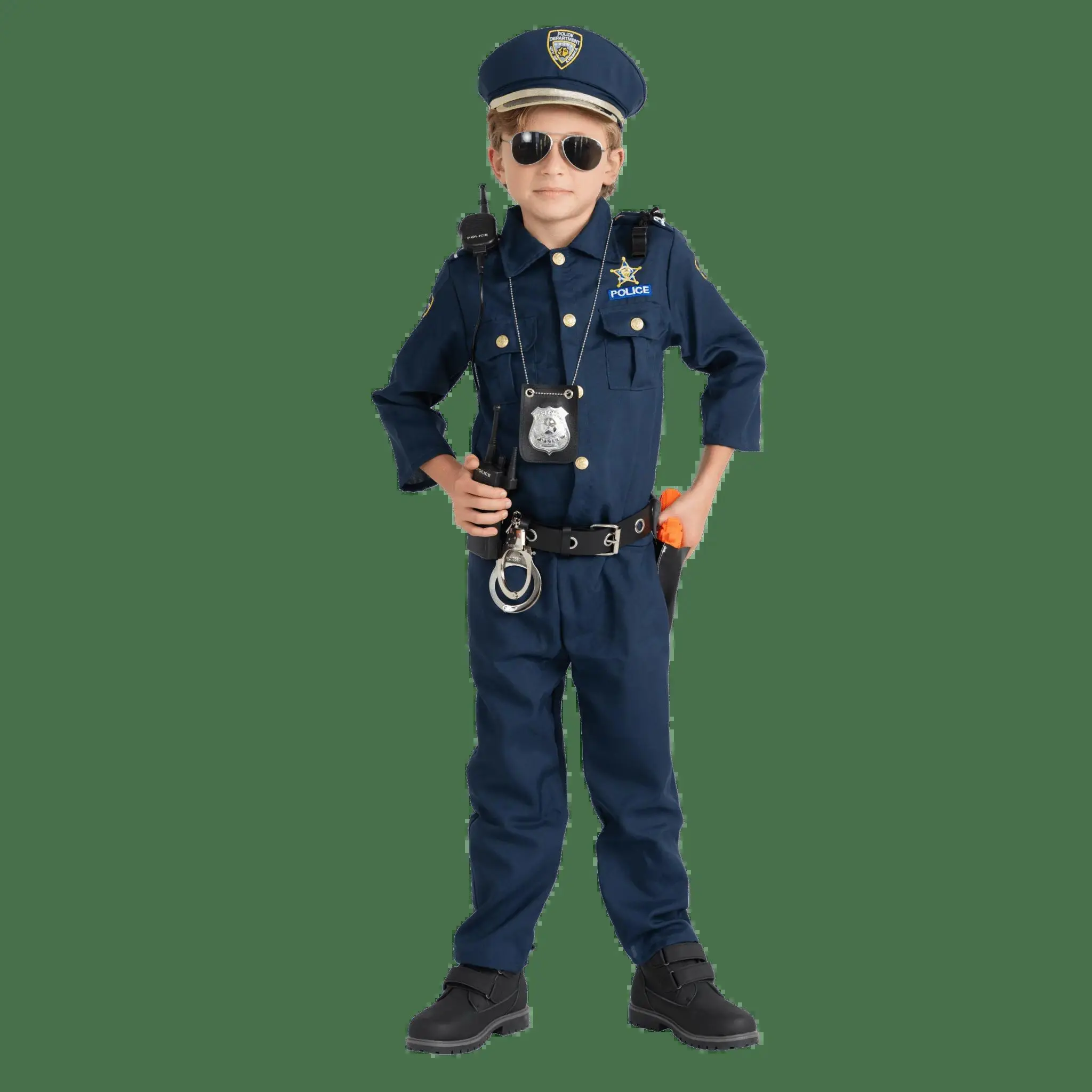 Police Officer Costume Set For Kids - Navy Blue Cop Uniform with Shirt, Pants, Hat, Belt, Whistle, Holster & Walkie Talkie – Perfect for Halloween, School Play & Patriotic Festival - Cosplay Costume