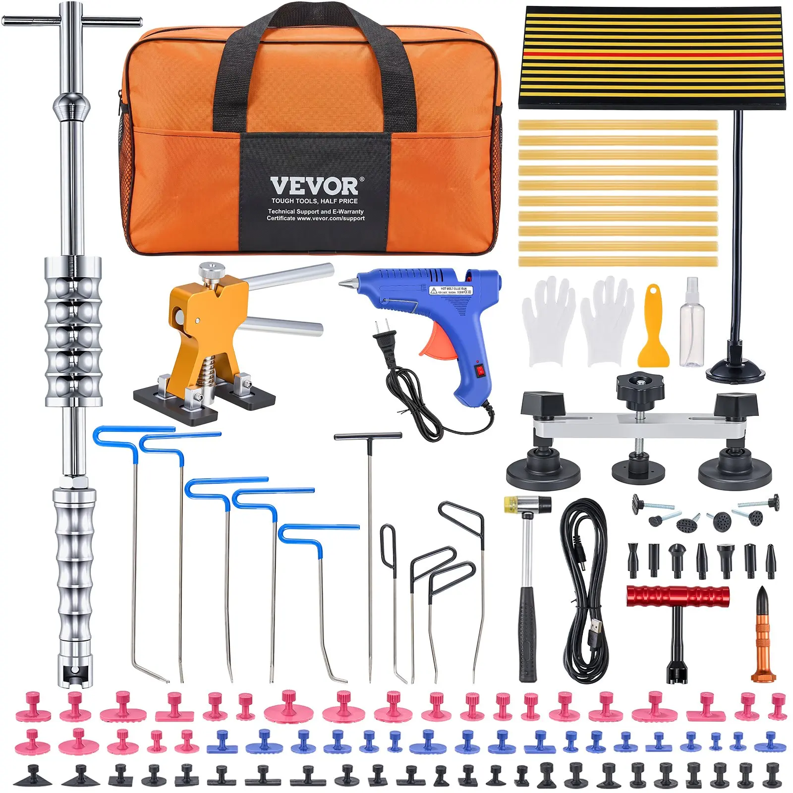 VEVOR Paintless Dent Removal Rods, 89 PCS Paintless Dent Repair Tools, Golden Lifter Puller Car Dent Repair Kit, Glue Puller Tabs Dent Puller Kit for Auto Dent Removal, Minor Dents, Door Dings