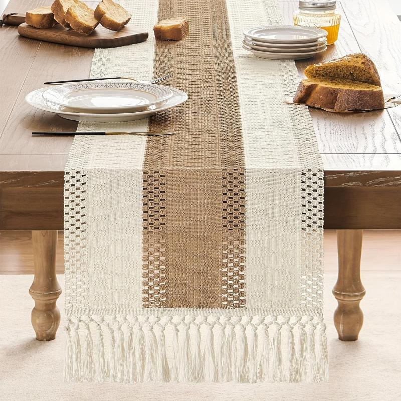 Rustic Farmhouse Boho Table Runner Macrame Crochet Polyester Tassel Striped Design Cream Brown Beige Decorative Dining Room Bedroom Living Room Home Decor