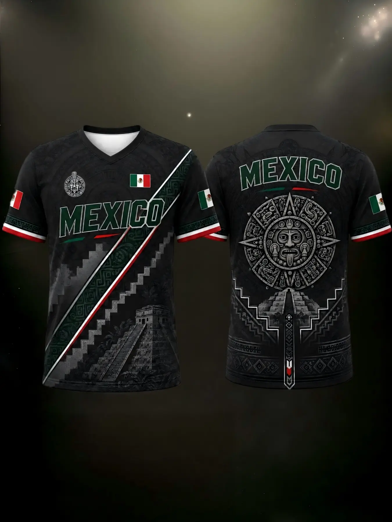 Mexican Aztec Print V-Neck Short Sleeve T-Shirt, Men's Retro Ethnic Sport Top, Casual Slim-Fitting Tee, Casual Sports Tops, All over Print Design