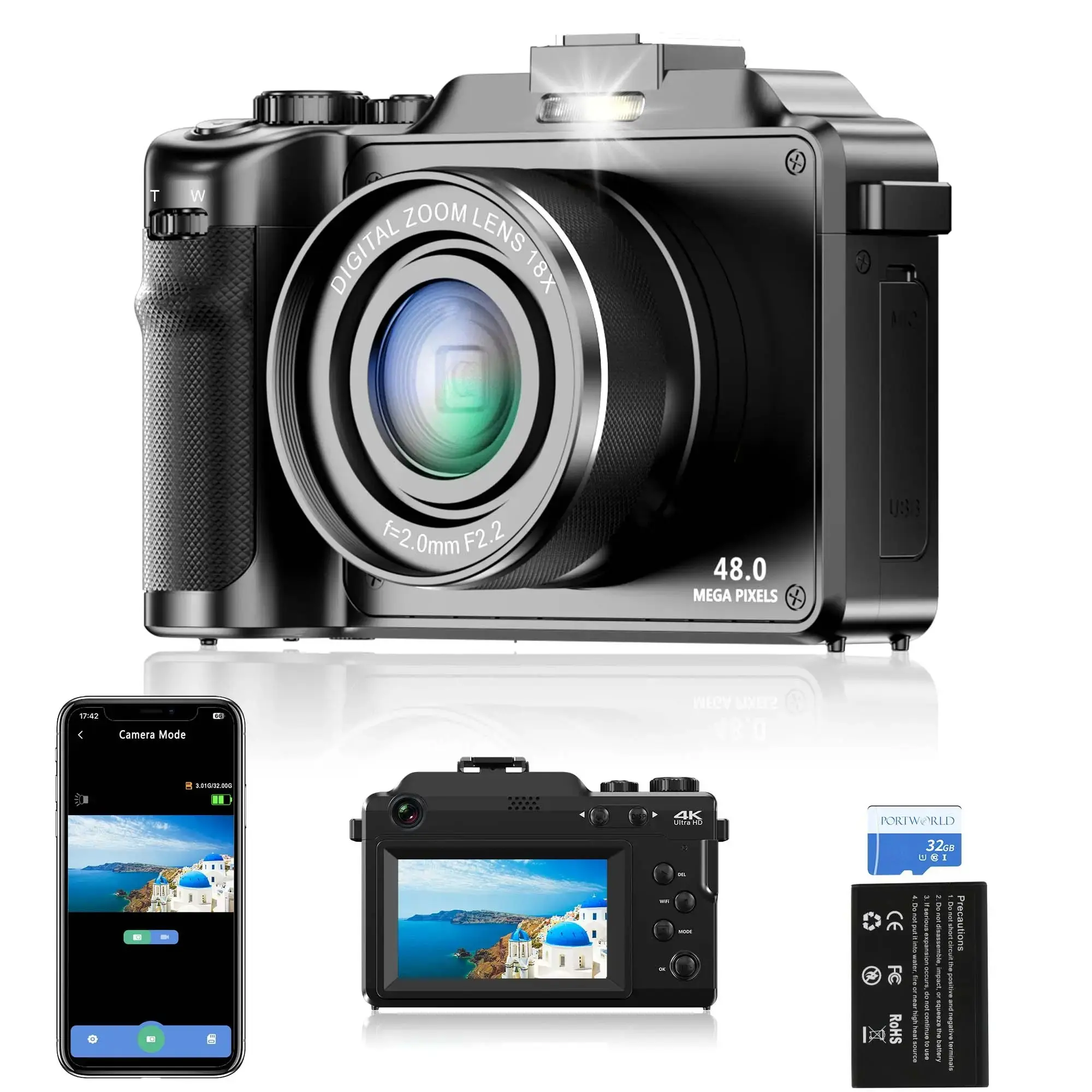 4K 48mp Digital Camera, 18x Zoom Dual Lens Travel Camera with 32GB SD Card, 3-Inch Auto Focus Compact Camera for Teens and Students