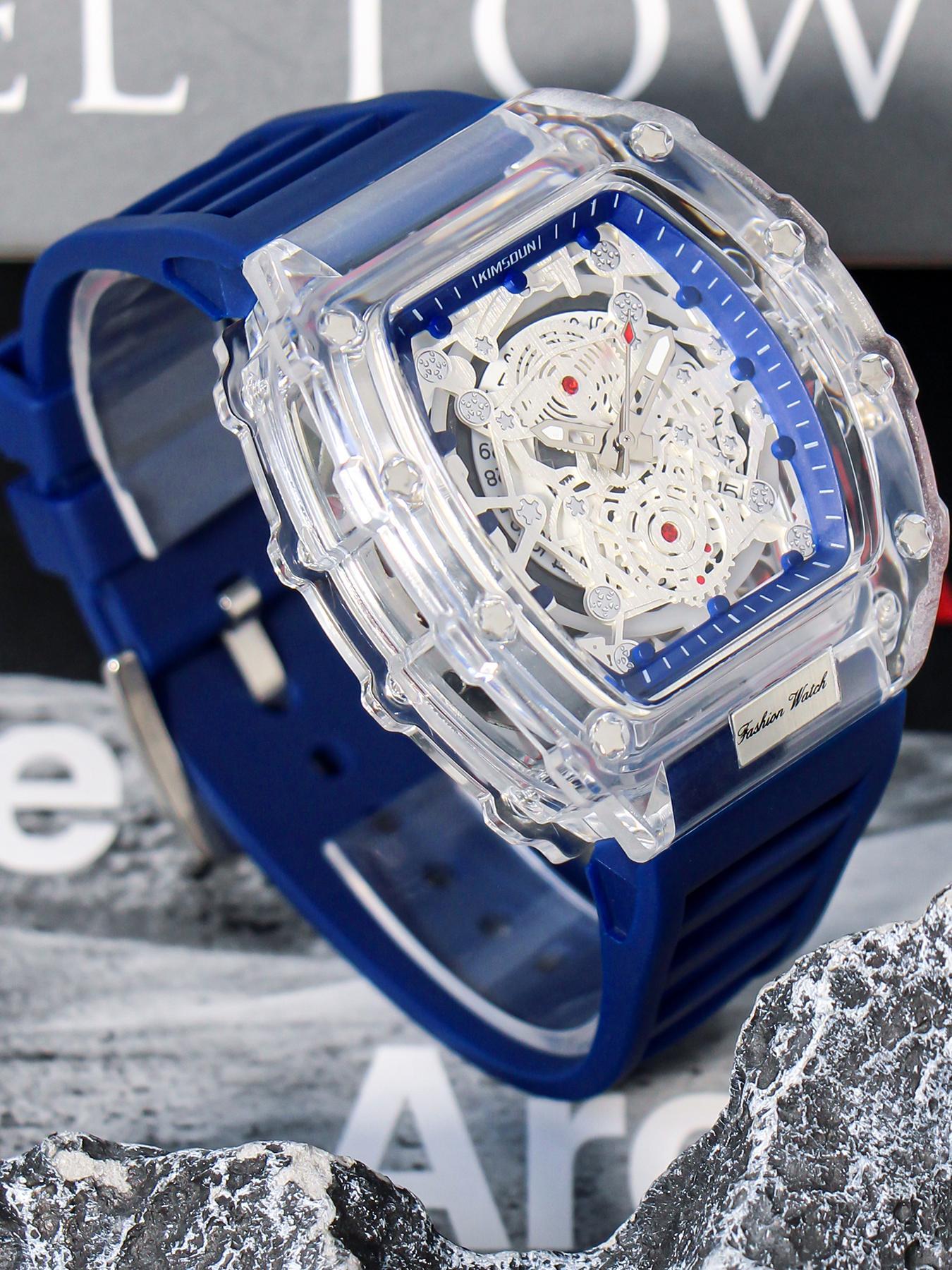 Men's Fashion Clear Watch, Casual Trendy Quartz Watch with Silicone Strap, Fashionable Wristwatch for Daily & Business Decoration As Gift with Box