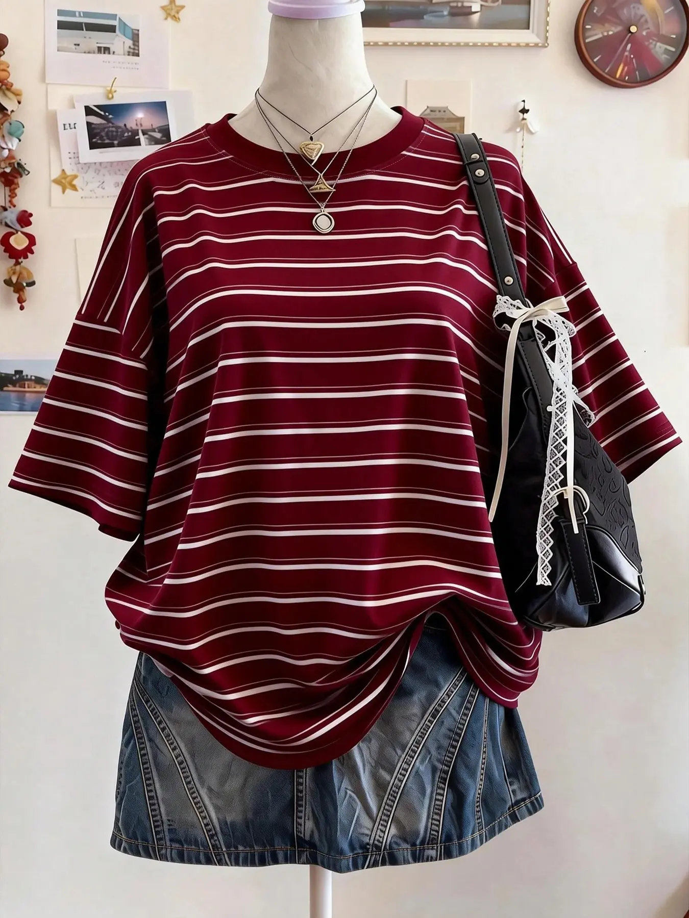Women's Casual Striped Round Neck Short T-Shirt, Perfect for Holidays, Valentine's Day, Y2K Style, Travel, Comfortable and Stylish