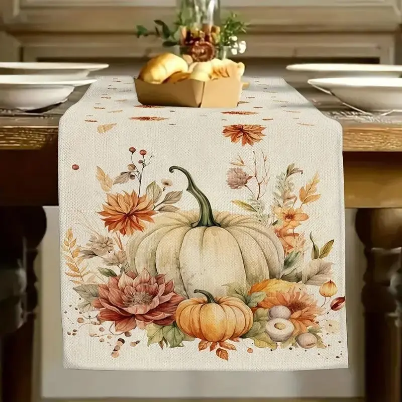 Autumn Harvest Linen Table Runner, Thanksgiving Pumpkin and Leaf Design, 100% Linen Rectangular Desk Decor, Indoor Outdoor Party Accessories