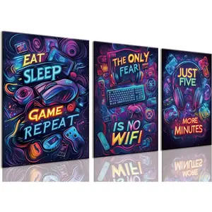 Game Room Decor Video Game Wall Art Neon Gaming Posters Prints Set of 3 Gaming Sign Canvas Painting Playroom Cool Pictures Gamer Wall Decor for Boy Teen Men Bedroom Bathroom 16x24in Framed