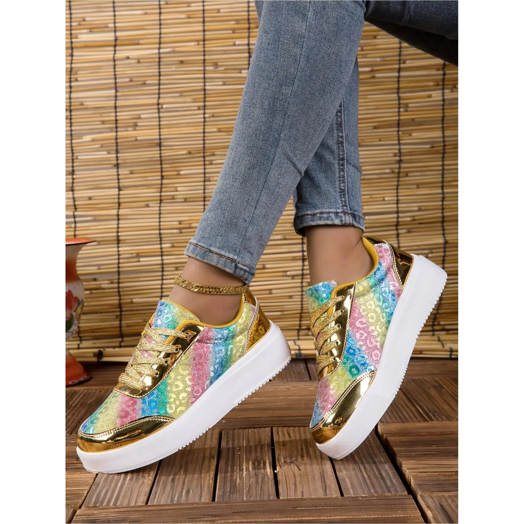 YYW1 Women's Glitter Platform Chunky Sole Sneakers, Shiny Gold Metallic Casual Shoes, Fashion Colorful Leopard Print Lace Up Walking Shoes Party, Streetwear, Daily Wear, Shoes