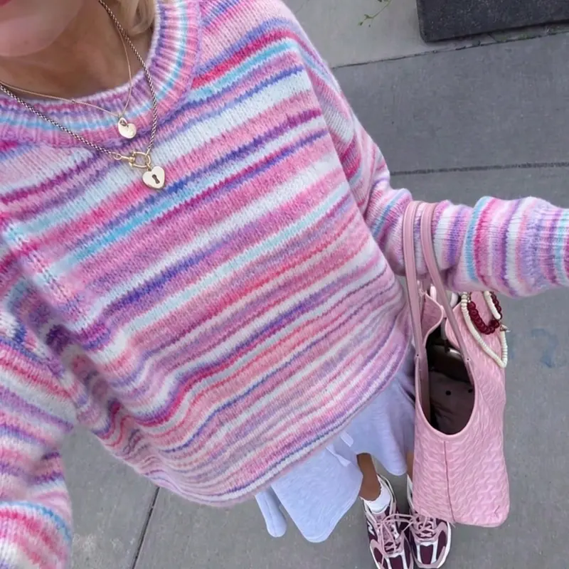 Women's Striped Fuzzy Knit Sweater, Round Neck Gradient Loose Fit Long Sleeve Rainbow Warm Pullover, Casual Knitted Top
