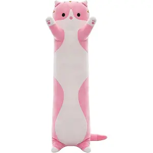 Cute Cat Plush Long Body Pillow – Soft Cartoon Stuffed Animal Doll, Kawaii Cat Plushie Cuddle Toy Gift for Kids, Girls & Girlfriend (Pink, 19.7 Inch)
