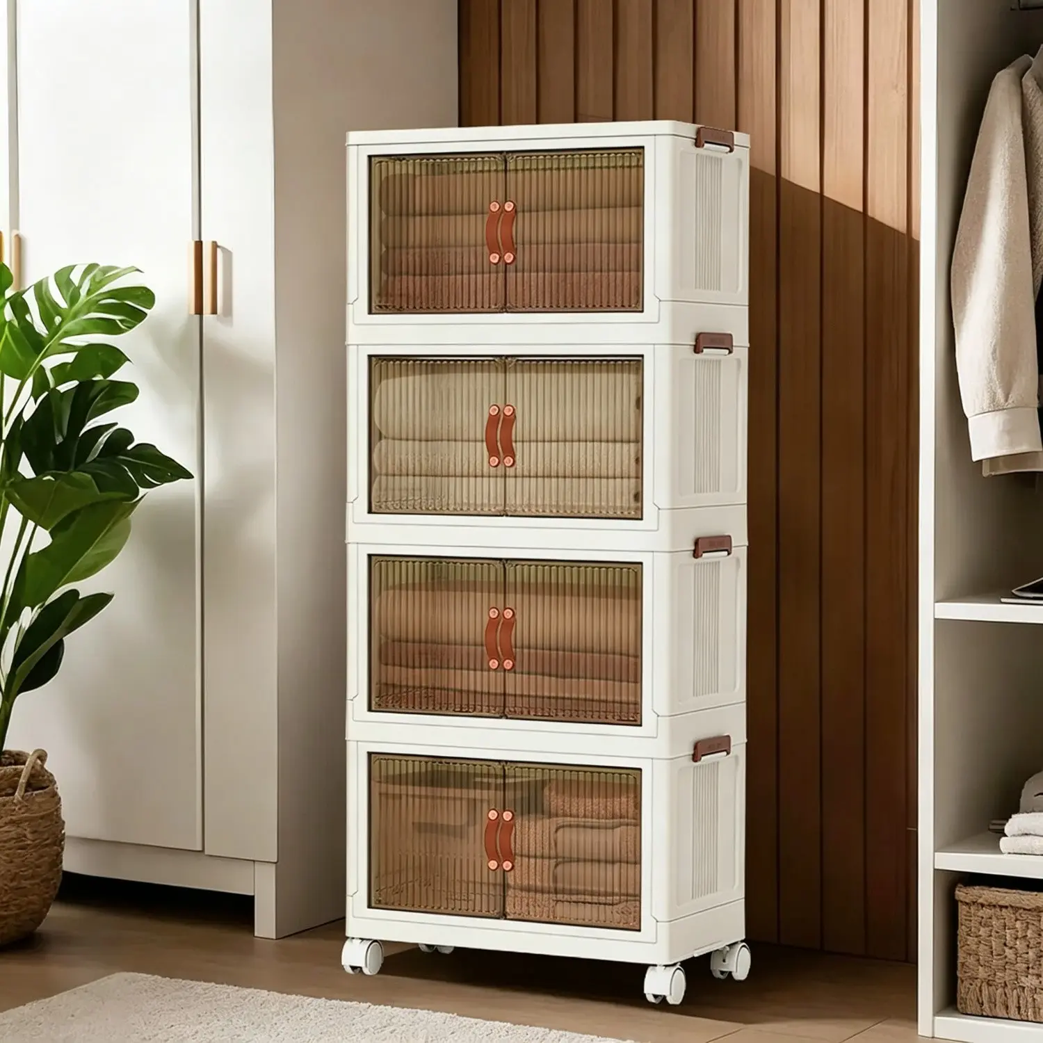Stackable Plastic Storage Box 72qt with Wheels and Dual Doors, Foldable Organizer for Home Office, Food Closet, Living Room, Multifunctional Storage