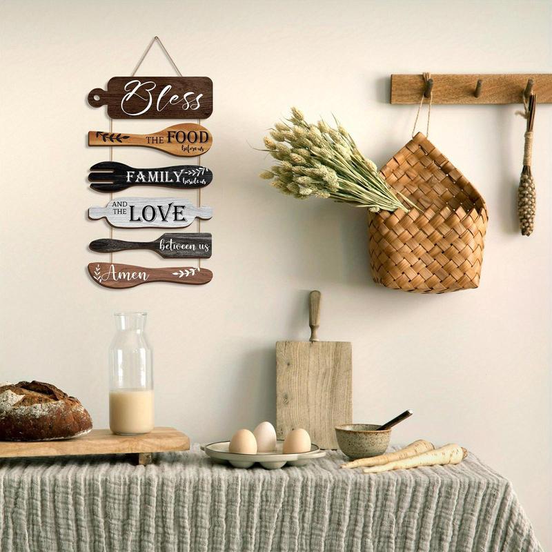 Wooden Kitchen Wall Decor, 1 Set Letter & Kitchen Utensils Pattern Wall Art with Rope, Wall Decor for Home Kitchen and Dining Room