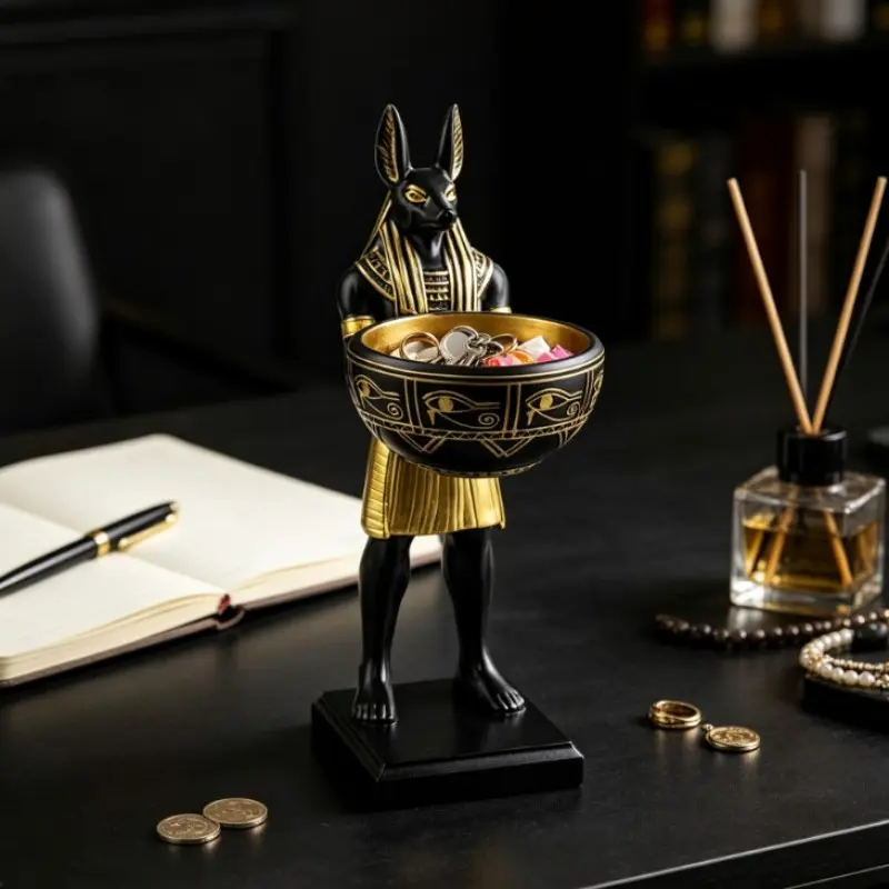 Anubis Statue Storage Bowl, Egyptian God Jackal Figurine Key Candy Jewelry Tray, Black Gold Resin Desk Organizer, Gothic Ancient Egypt Home Decor, Unique Gift for Mythology Lovers