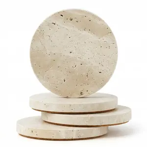 Superior Travertine Marble Coasters Set – 4 Pack 4 Inch Round Drink Coasters with Non-Slip Cork Backing – Mark & Scuff Resistant Table Decor – Ideal for Home, Bar, Kitchen, Housewarming or Wedding Gift