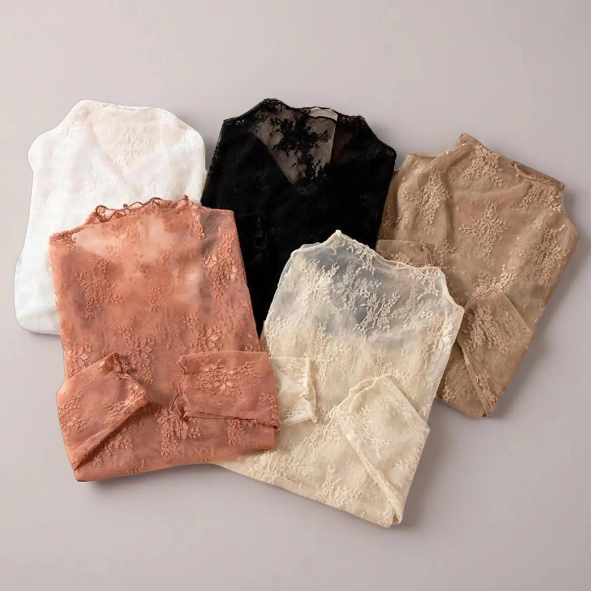 Women's 3pcs/5pcs 5-Color Lace Turtleneck Blouses, Autumn Winter Longsleeves Shirts, Vintage Aesthetic Adds Soft Polish, Delicate Floral Basic Inner Wear Tops, Casual, Cozy Turtleneck Fit, Apricot Blouse