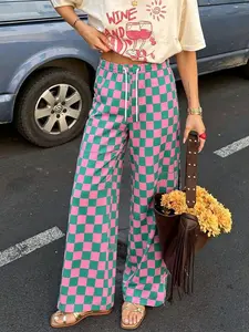 Checkerboard Print Wide Leg Pants, Y2K Casual Trousers, Elastic Waist Drawstring High Waist Pants,Retro 90s Aesthetic Loose Fit Pants, Pink Green Plaid Casual Sweatpants, For Men Women Daily Wear, Vacation & Hip Hop Outfits,Trendy Oversized Straight Leg