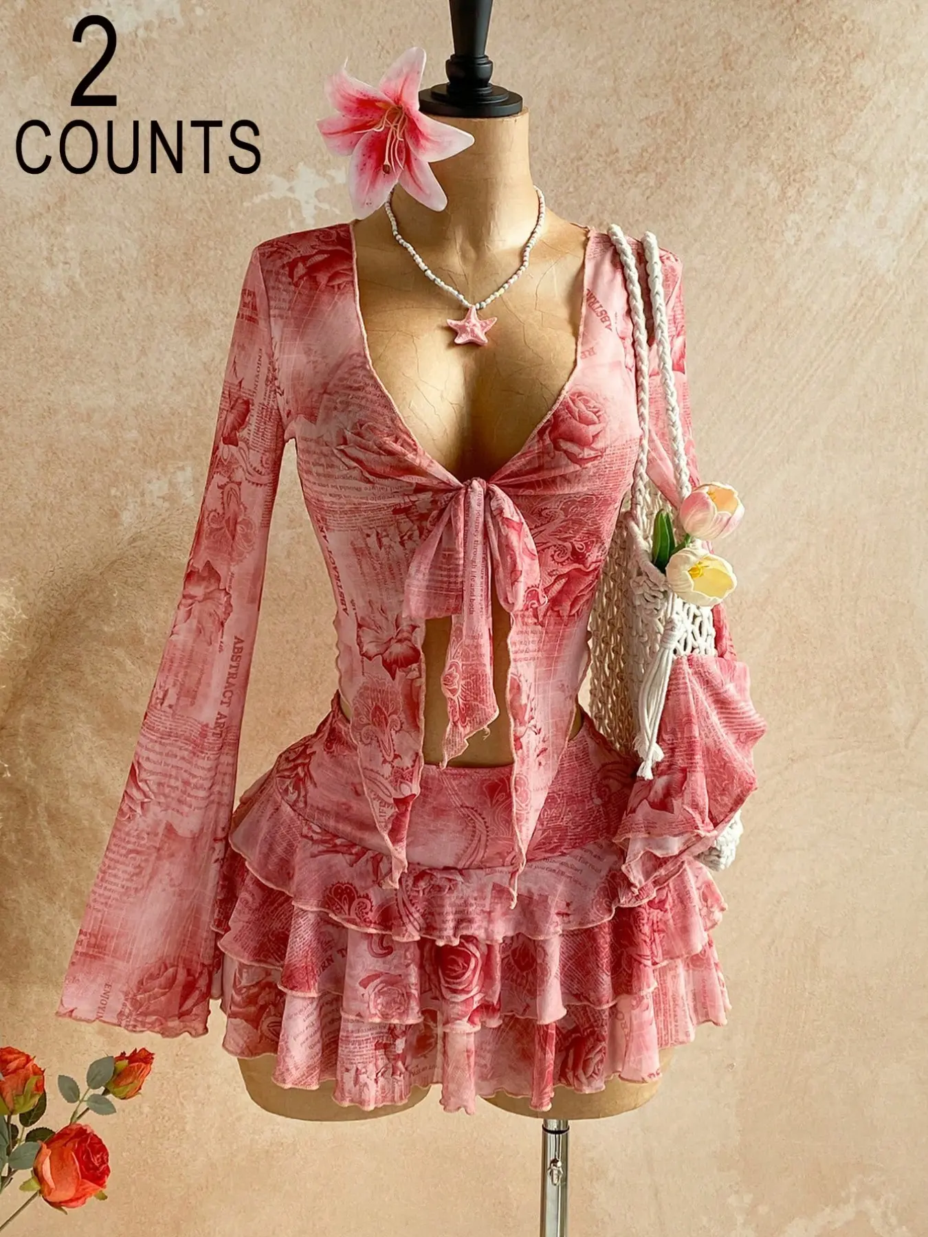 Women's Vintage Retro Floral Letter Print Blouse + Mini Skirt Set, Light Summer Beach, Elegant Casual 2-Piece Set