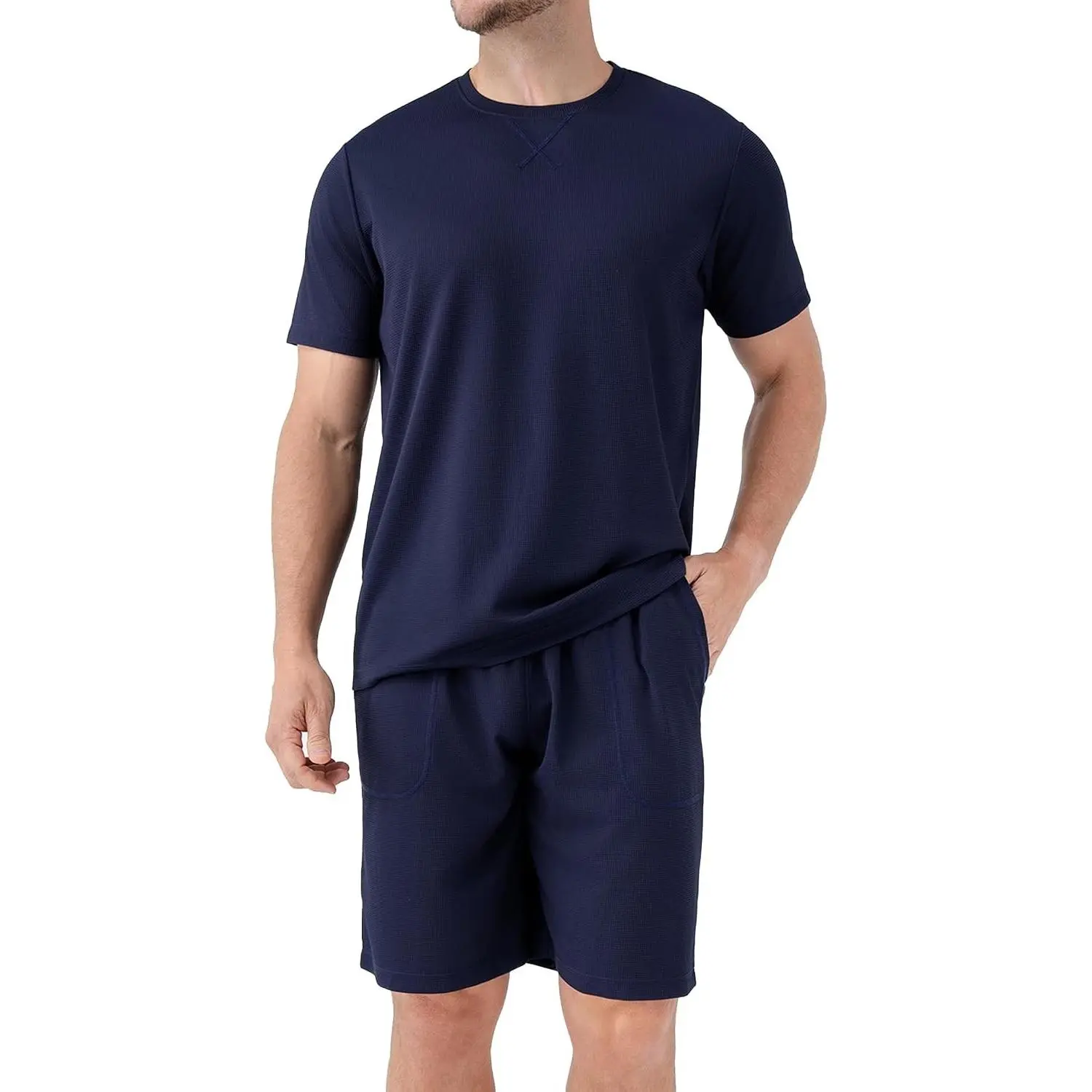 Men's Summer Pajamas Set Lightweight Breathable Short Sleeve Loungewear, Cooling Waffle Knit Sleepwear
