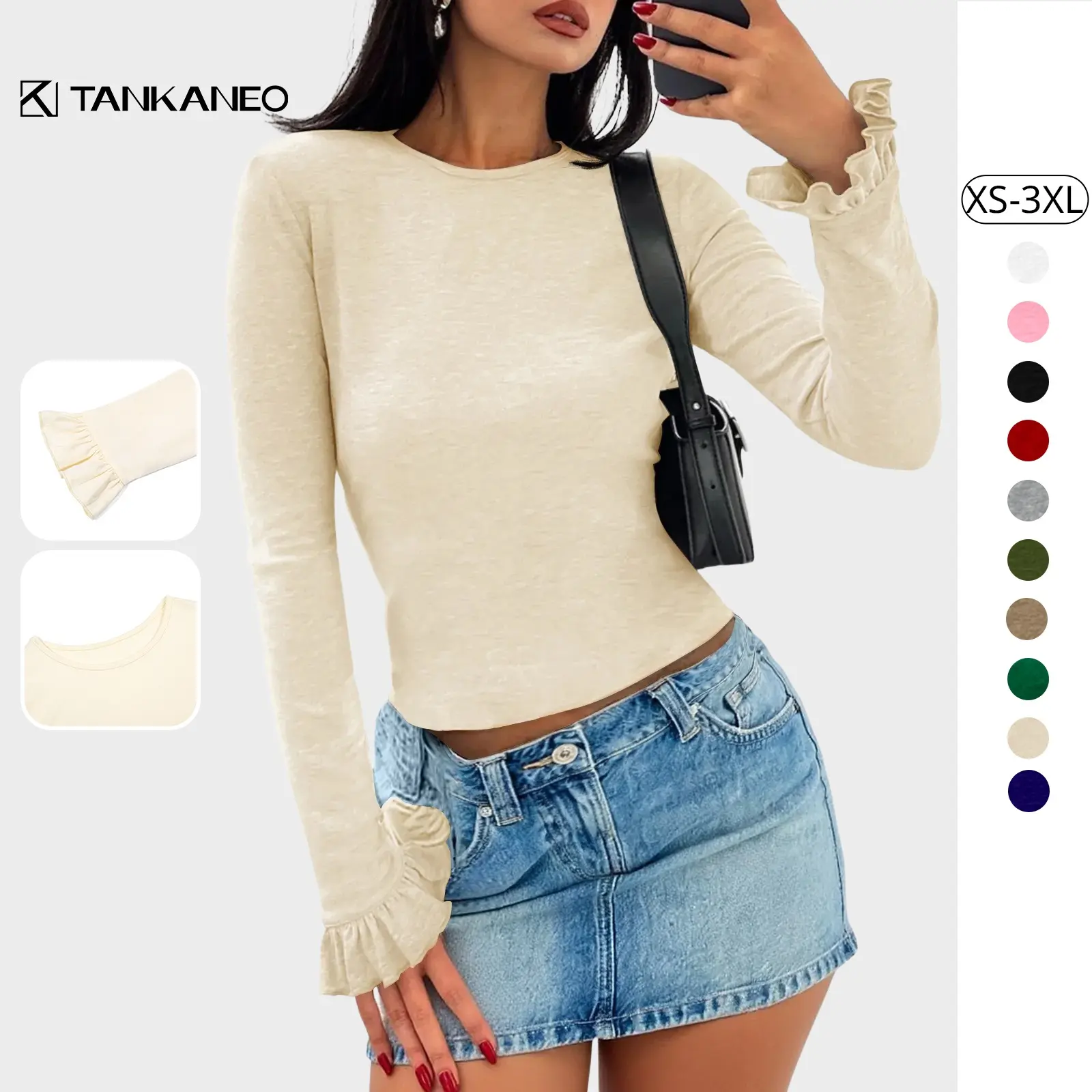 Tankaneo Womens Long Sleeve Shirts 2026 Spring Fall Trendy Basic Tees Ruffle Going Out Tops Outfits Y2k Clothes