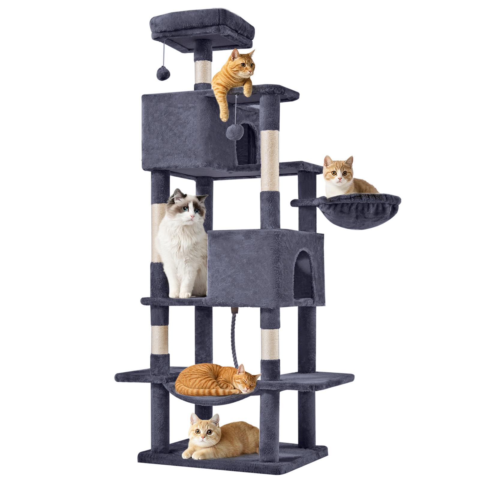 66 Inch Large Cat Tree Tower for Multiple Cats with 2 Condos 3 Perches Hammock Pompoms Extra Wide Platform Indoor Cat Activity Center