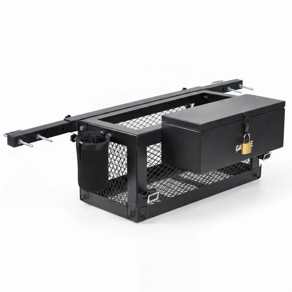 Rear-Mount Lockable Tractor Tool Box Basket, Heavy-Duty Metal Storage Container, 24 x 10 x 10 in, for Farm Equipment/Outdoor Tools, Lock Included, Spray Plastic Black