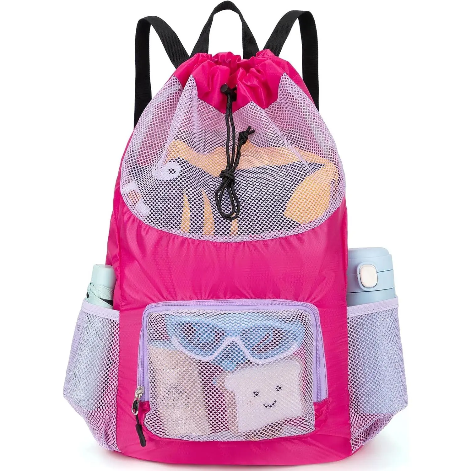 Swim Bag for Kids Mesh Beach Backpack for Girls Lightweight Drawstring Beach Bag Swimming Pool Sports Gym String Bag (Purple)