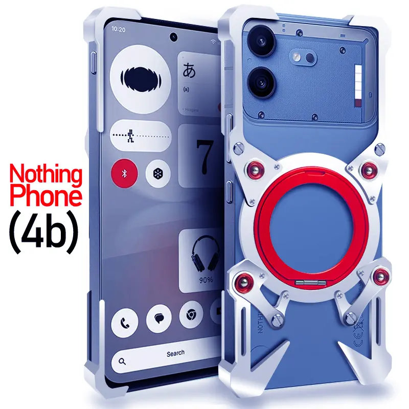 Luxury Aluminum Alloy Armor Case Compatible with Nothing Phone (4b) (4a Pro) (4a), Mechanical Style Shockproof Cover with Rotating Ring Stand, Protective Metal Frame Phone Case with Lanyard Rope Holder