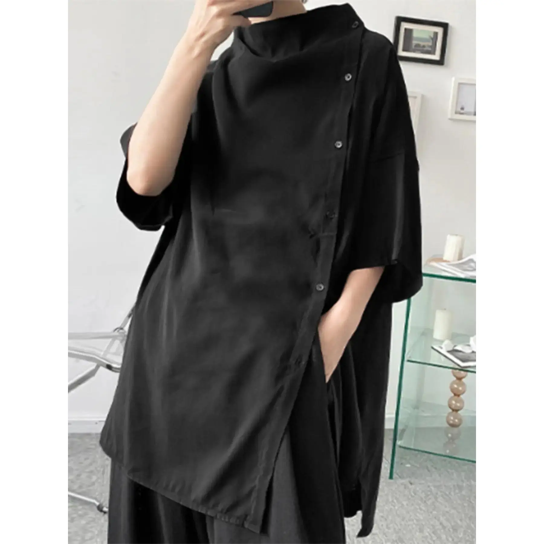 Men's Fashion Solid Color Plain Long Casual Shirt, Half Sleeve Side Button Design, Transparent Shirt, Daily Wear, Fitted Style, Top