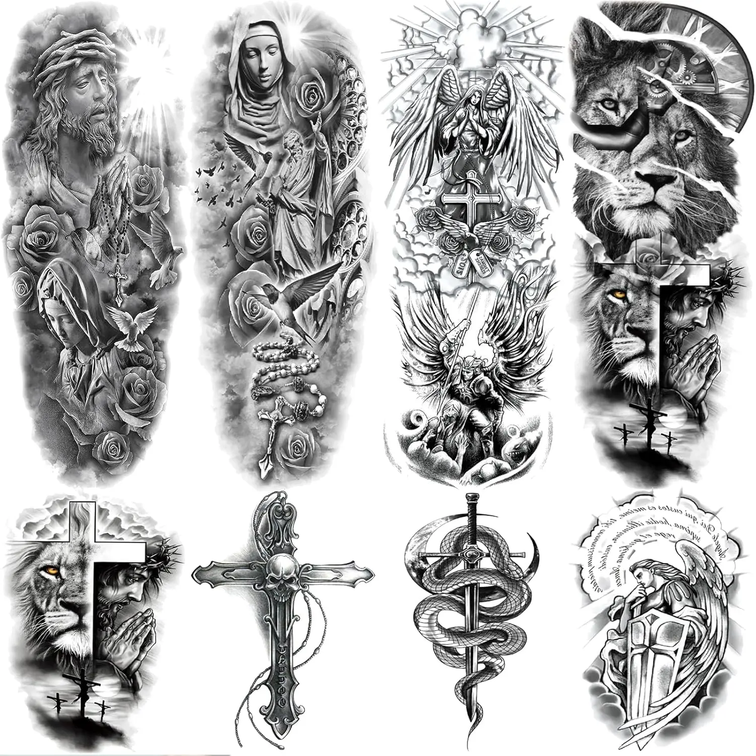Christian Cross Temporary Tattoo Sleeve for Men, 4-Sheet Full Arm Large Religious God Jesus Fake Tattoo Sleeve Women Adult and 4-Sheet Realistic Lion Cross Christ Pray Half Temp Tatoo Sticker Leg Body