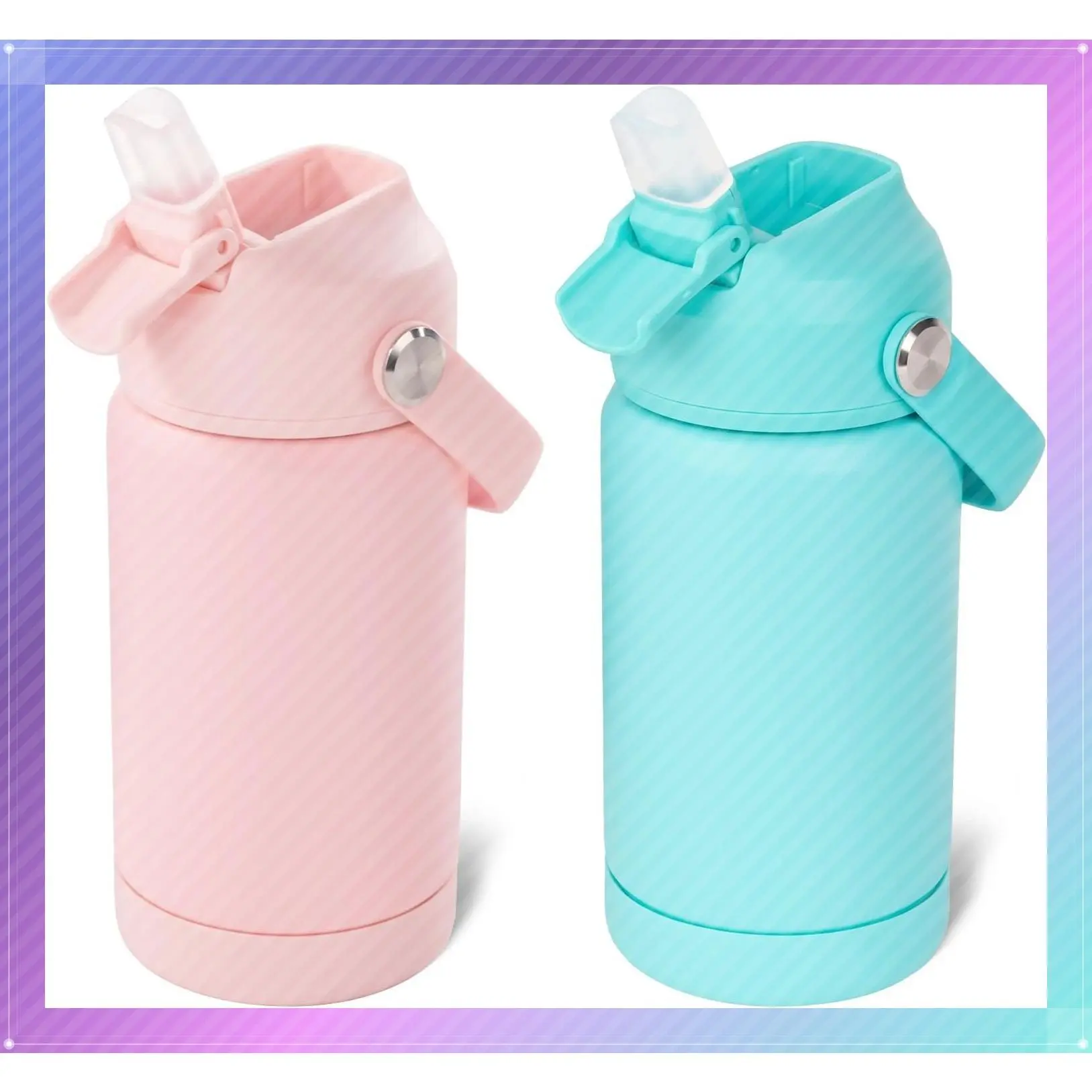 12oz Kids Water Bottle 2 Pack, Stainless Steel Insulated Toddler Cups with Straws Leak-Proof, BPA Free Water Bottles for School Boys Girls, Pink+Green 2 Piece SetGift