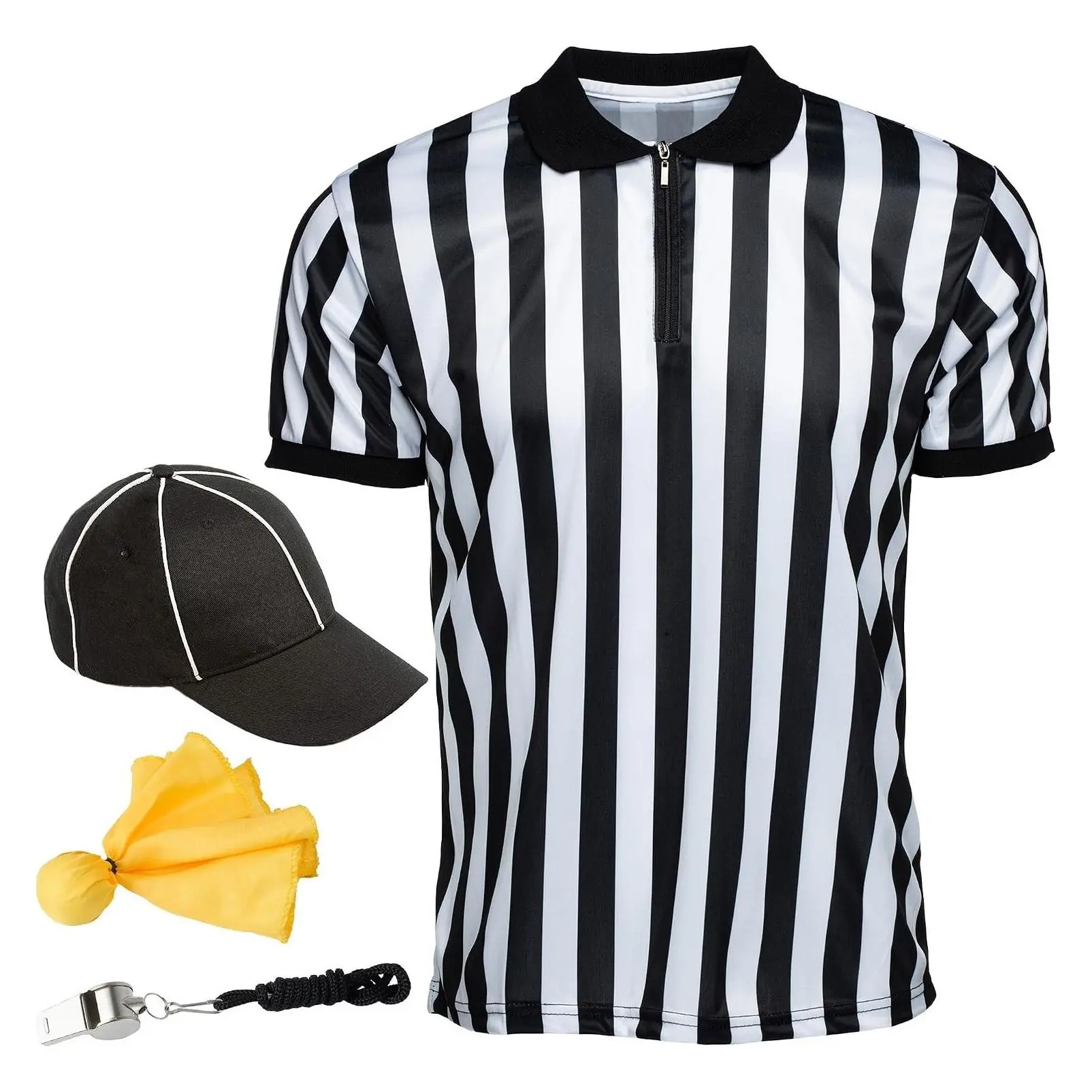 Men's Collared Referee Shirt 4-Piece Halloween Costume Set with Hat, Flag & WhistleGift
