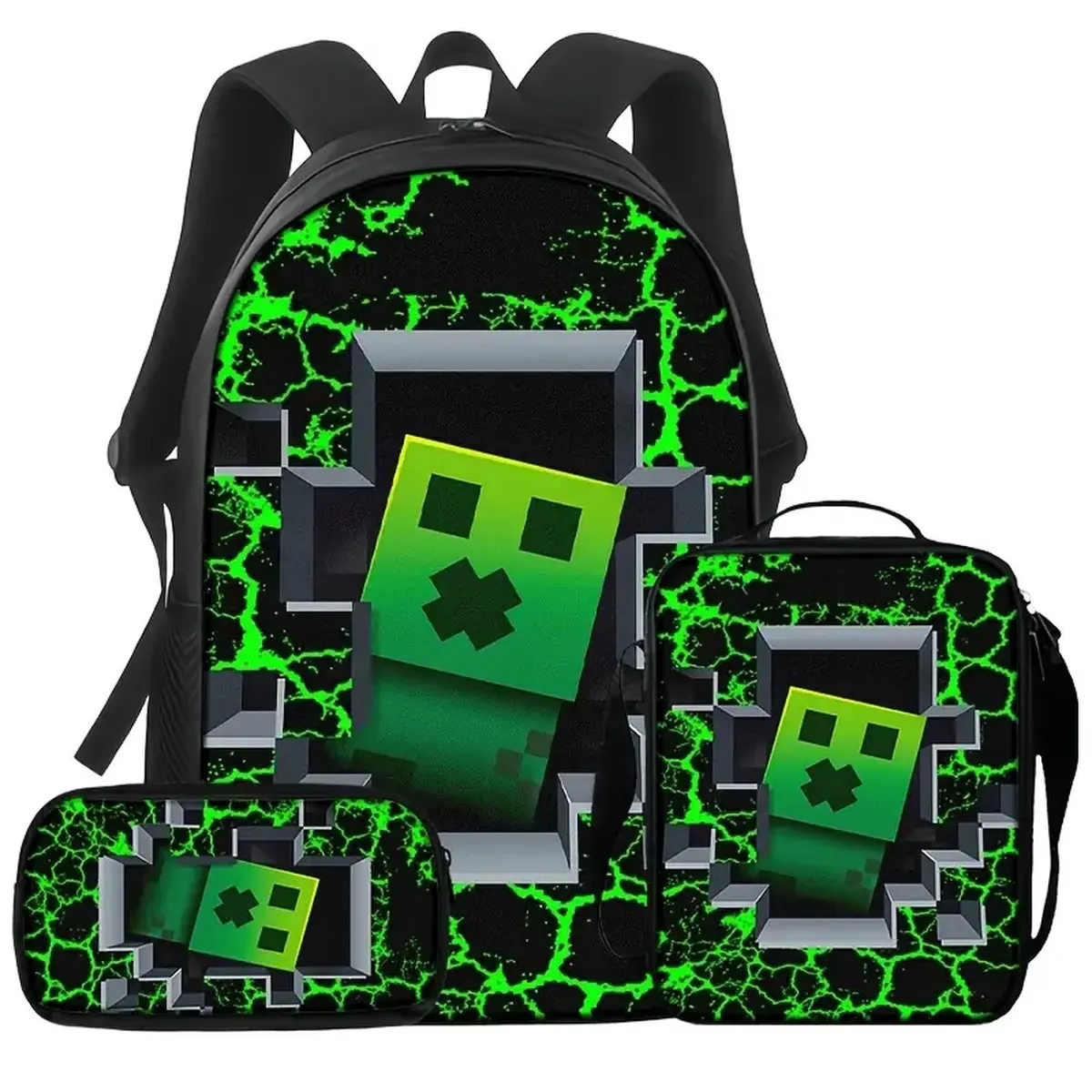 Green Pixel Monster 3 Piece Backpack Set for Kids and Teens, Block Style Gaming School Bookbag with Matching Lunch Bag and Pencil Case, Gamer Travel Daypack Gift, Back to School Gaming Gift,Gaming Inspired Bookbag