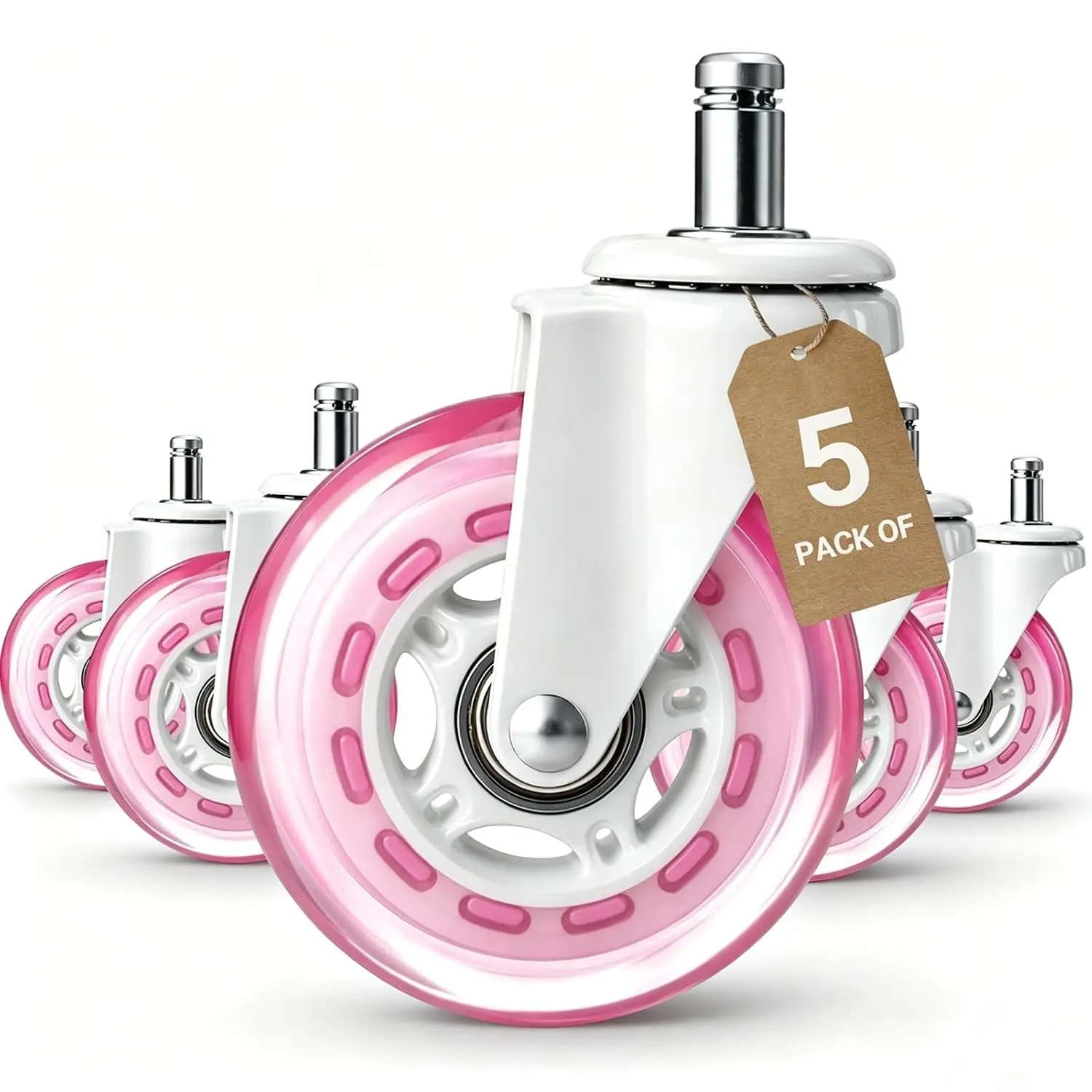 Pink Office Chair Caster Wheels Set of 5, 3 Inch-Duty Chair Casters, Computer Gaming Desk Caster Wheels Rolling for Carpet Tile Floors, 11 * 22mm fit