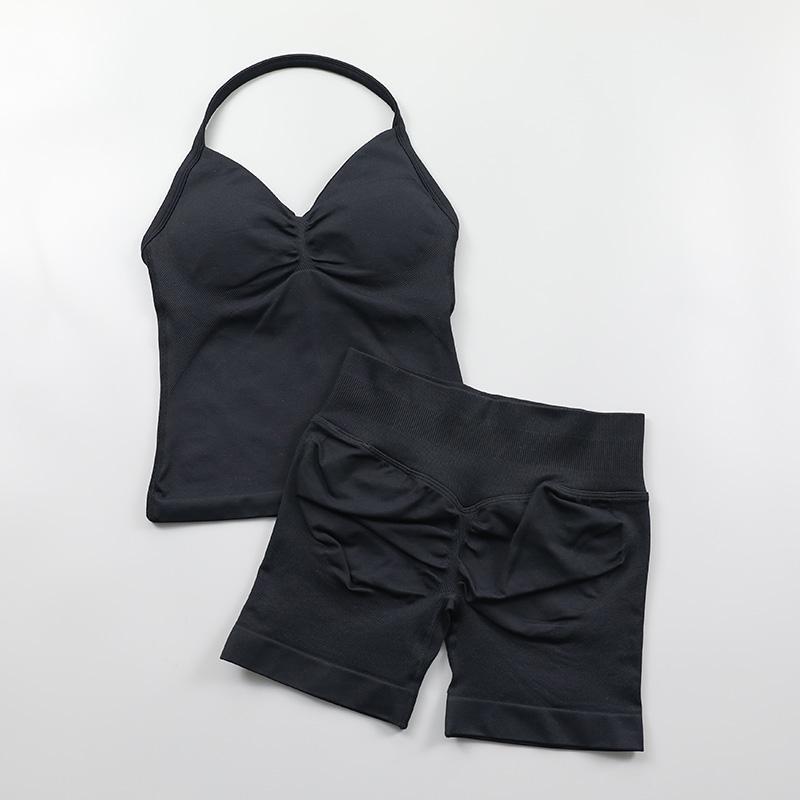 Dfyne  Seamless Yoga Set Women 2Pcs Padded Halter Tank Top Scrunch Butt Lifting Gym Shorts Set Summer Sportswear Workout Clothes Stretch Fabric Activewear Tight Fit Sporty Casual Athletic Jogging
