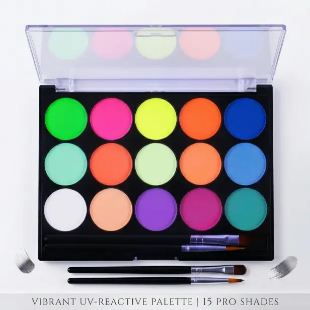 15 Color Glow in the Dark Party Face Paint Water Activated UV Blacklight Neon Fluorescent Body Painting Palette Washable Makeup Eyeliner Set for Adults