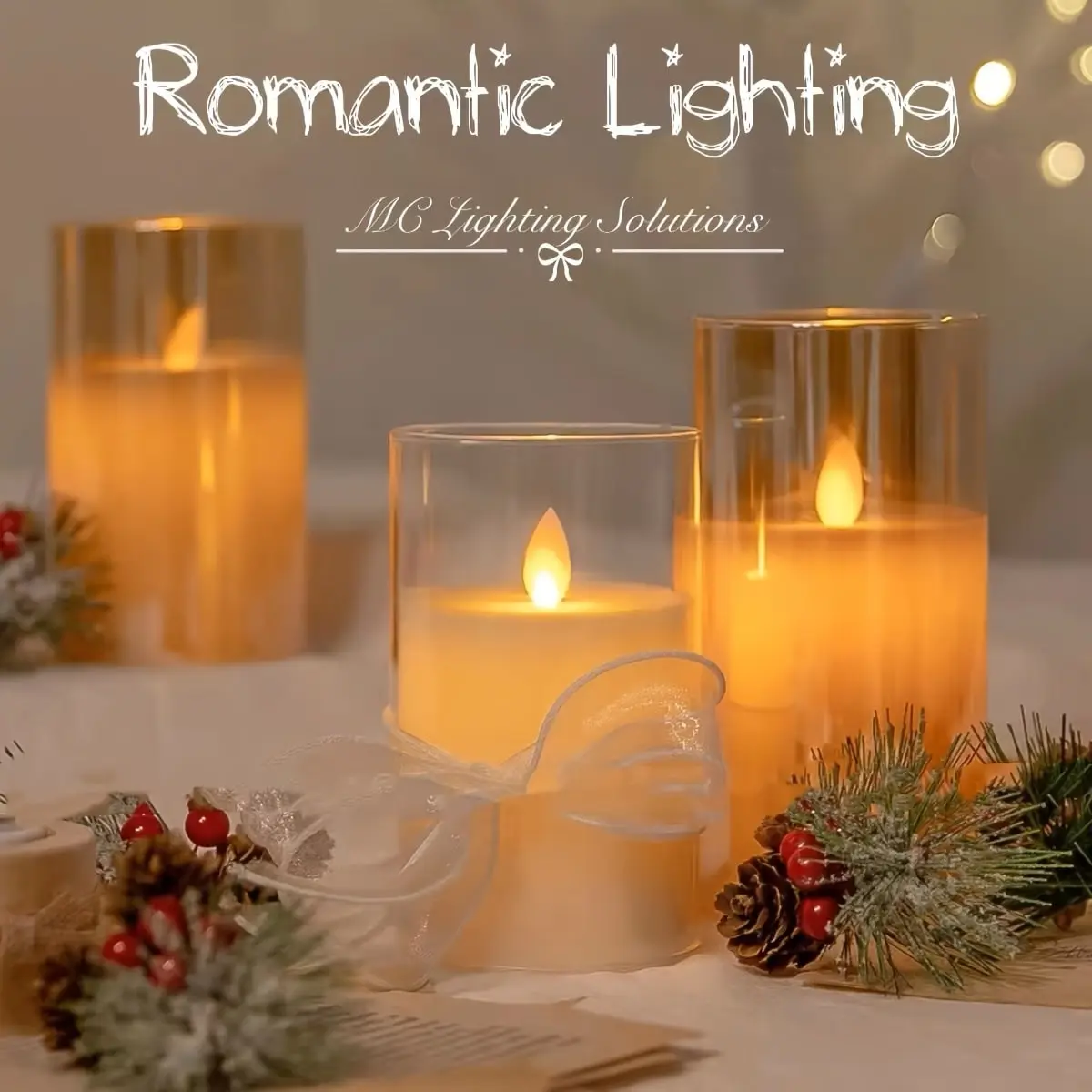 Battery-powered LED flameless candles, sold in sets of three; non-toxic and smoke-free; ideal for romantic weddings, holiday decorations, birthday gifts, weddings, museums, churches, evening events, and New Year’s; perfect home decor