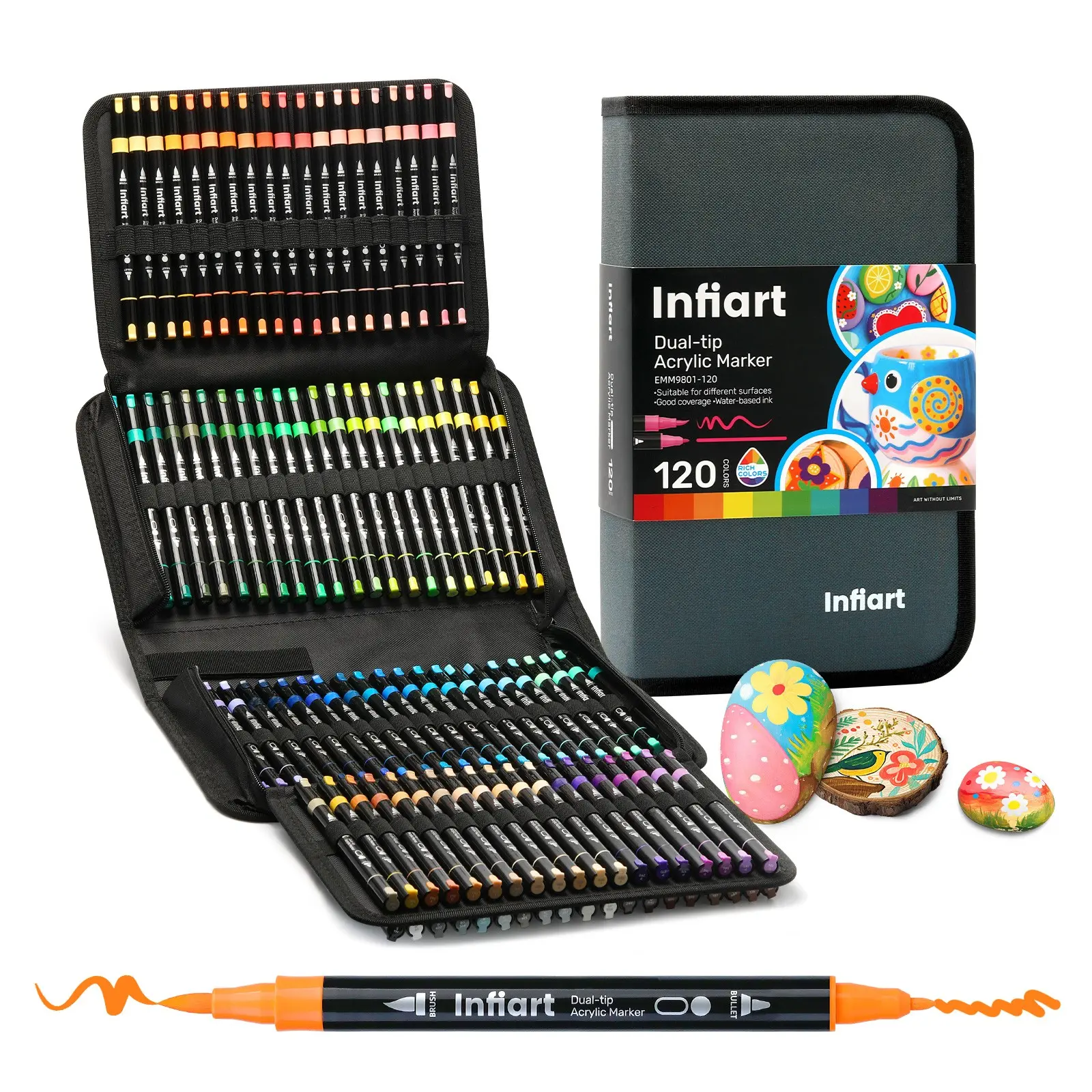 Infiart Dual-Ended Acrylic Marker Pens, Stackable, Non-Transparent, 48/72/120 Colors, Water-Based Ink, Ideal for Art, Diaries, Crafts