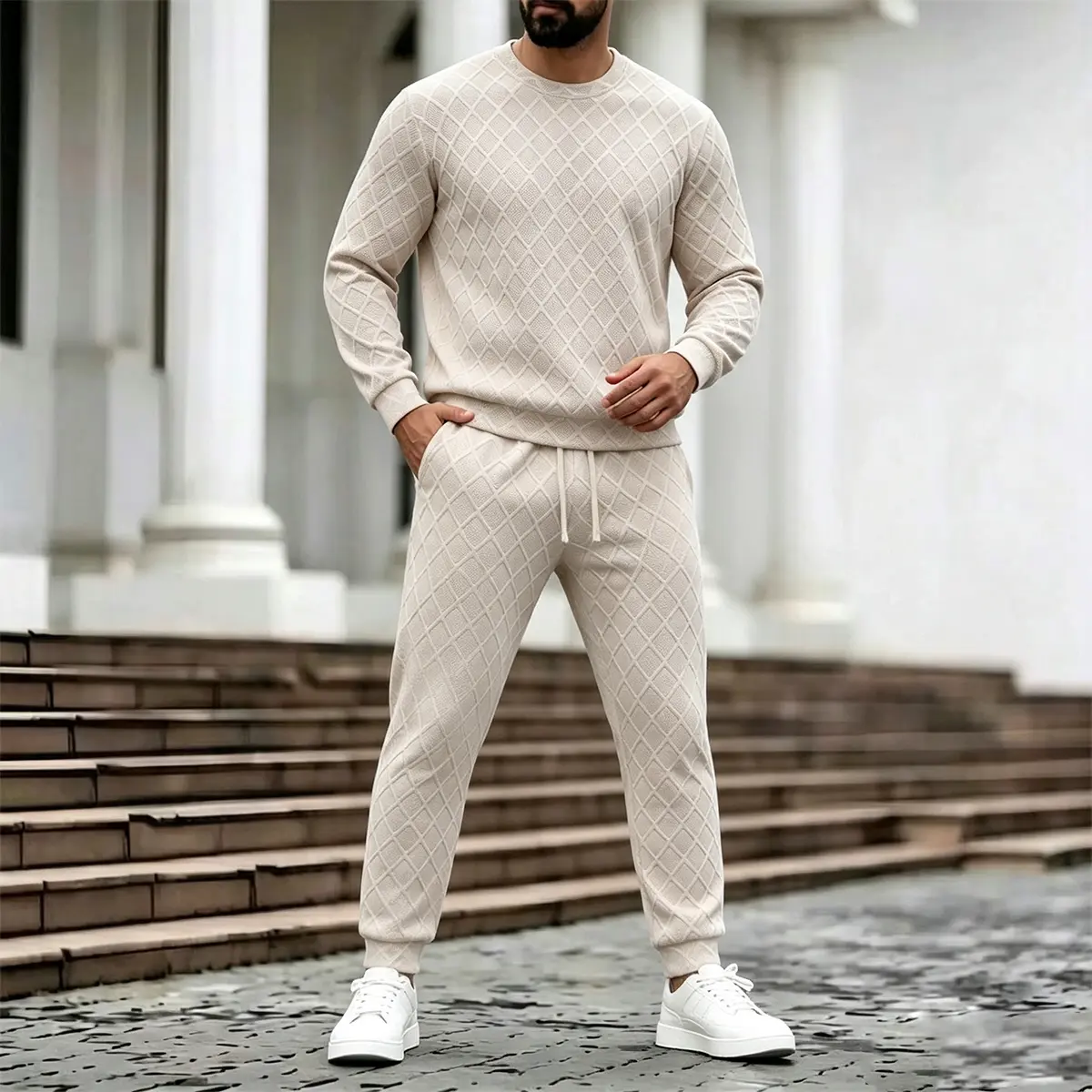 Men Continuous Diamond Grid Jacquard Crew Neck Tracksuit Multiple Neutral Solid Tone Combinations Spacious Relaxed Torso Cutting Reinforced Cuff And Hem Rib Stitching Uniform Rhombus Embossed Surface Wrinkle Resistant Breathable Material