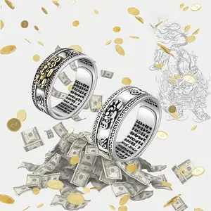 Vintage Stainless Steel Pi Xiu Ring For Men Women Buddhist Heart Sutra Wealth Attracting Pixiu Band Lucky Amulet Protection Jewelry Gift