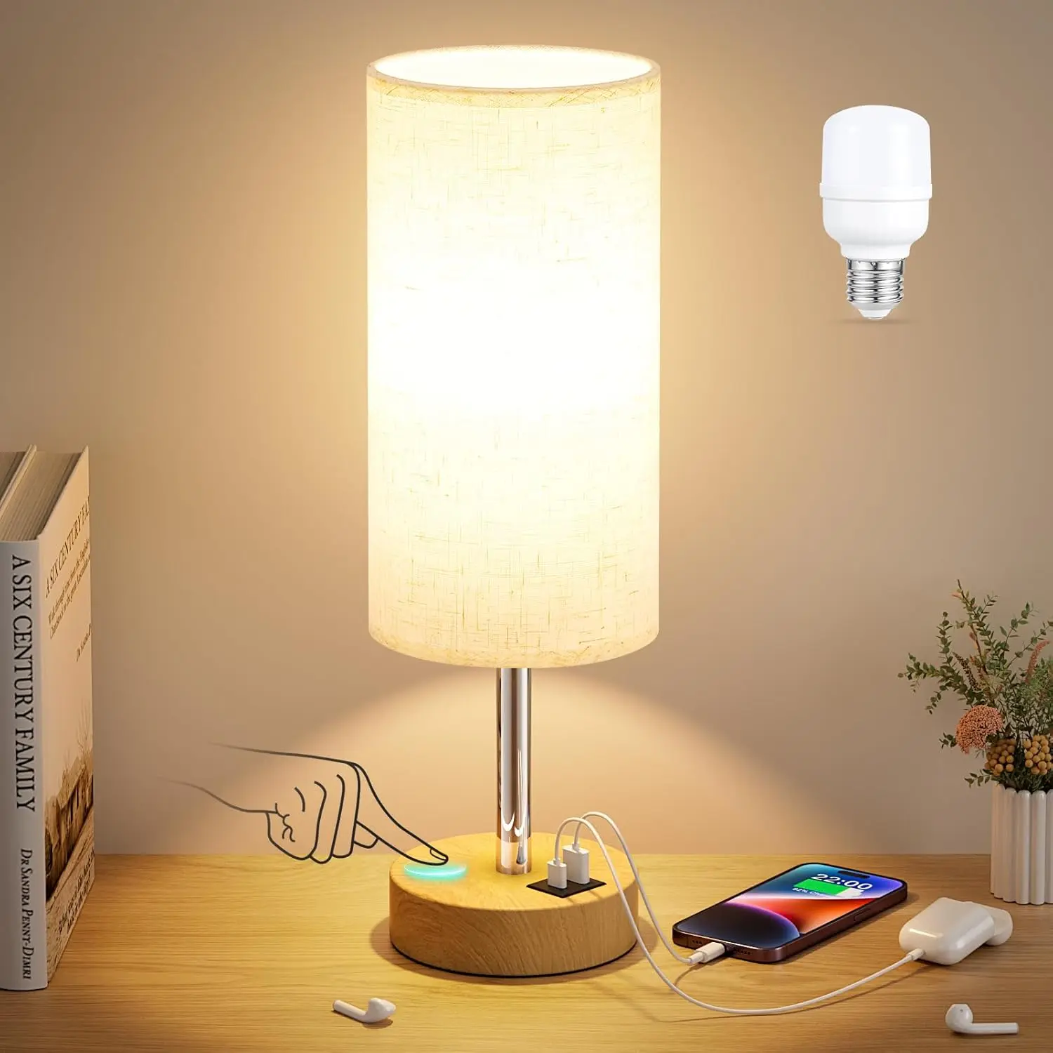 Touch Bedside Table Lamp with USB - 3 Way Dimmable Wood Lamp for Bedroom Nightstand, Desk Lamp with Charging Station for Dorm, Living Room, Office, Kids Room, Small, 14in