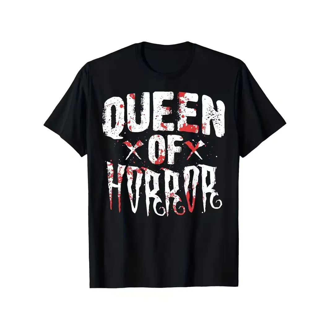 Queen of Horror Blood Splatter Graphic Tee – Black Tee With Bold Printed White & Red Text “QUEEN OF HORROR” Featuring Distressed Font & Blood Splatter Effect, Edgy Halloween Aesthetic, 100% Cotton, Ideal Gift For Horror Movie Fans & Alternative Style Love