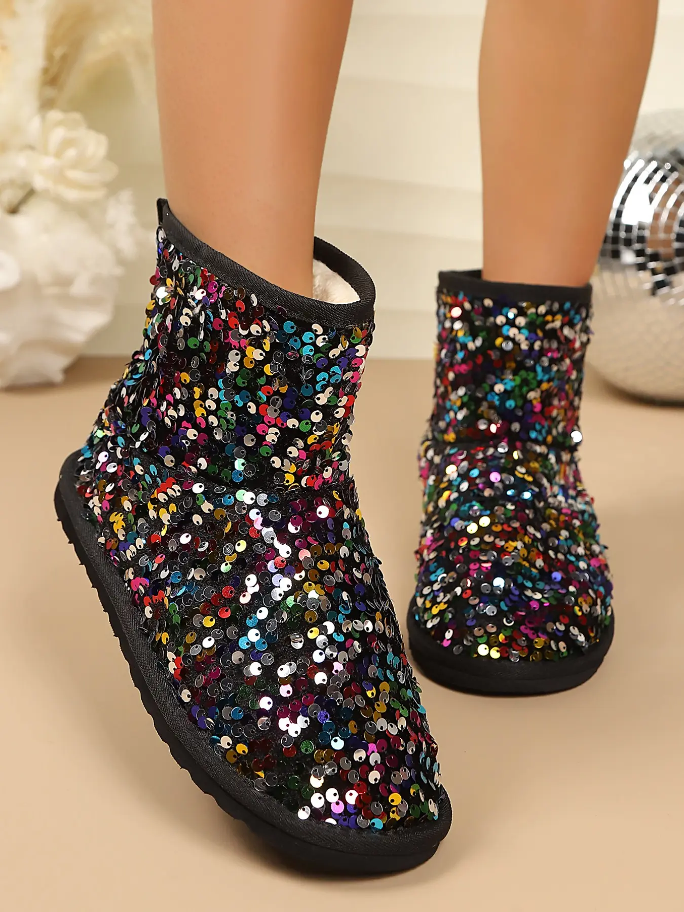 Colorful Sequin Snow Boots, Full Color Glitter, Simple Design, Mid-Calf, Round Toe, Fleece Lining, Warm, Sweet Cool Sparkle, Fall Winter