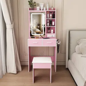 [Bellemave] Small Makeup Vanity Desk with Mirror & Adjustable LED Lights,Built-in Power Outlet & Hidden Storage, Includes padded stool & Shelf,Space-Saving Dressing Table for Small Bedrooms