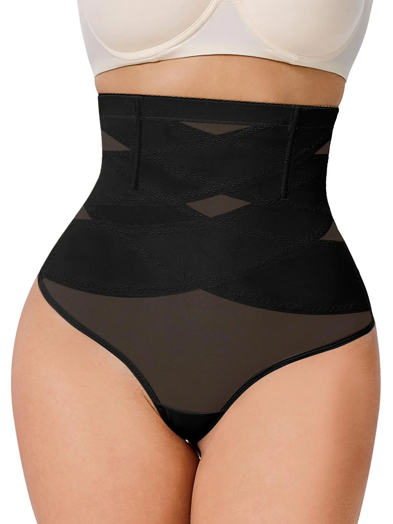 Women's High Elasticity Mesh Breathable Shapewear, Waist Cinching Thong Underwear, Lightweight Invisible High-Waisted Panties, All Seasons Casual Style