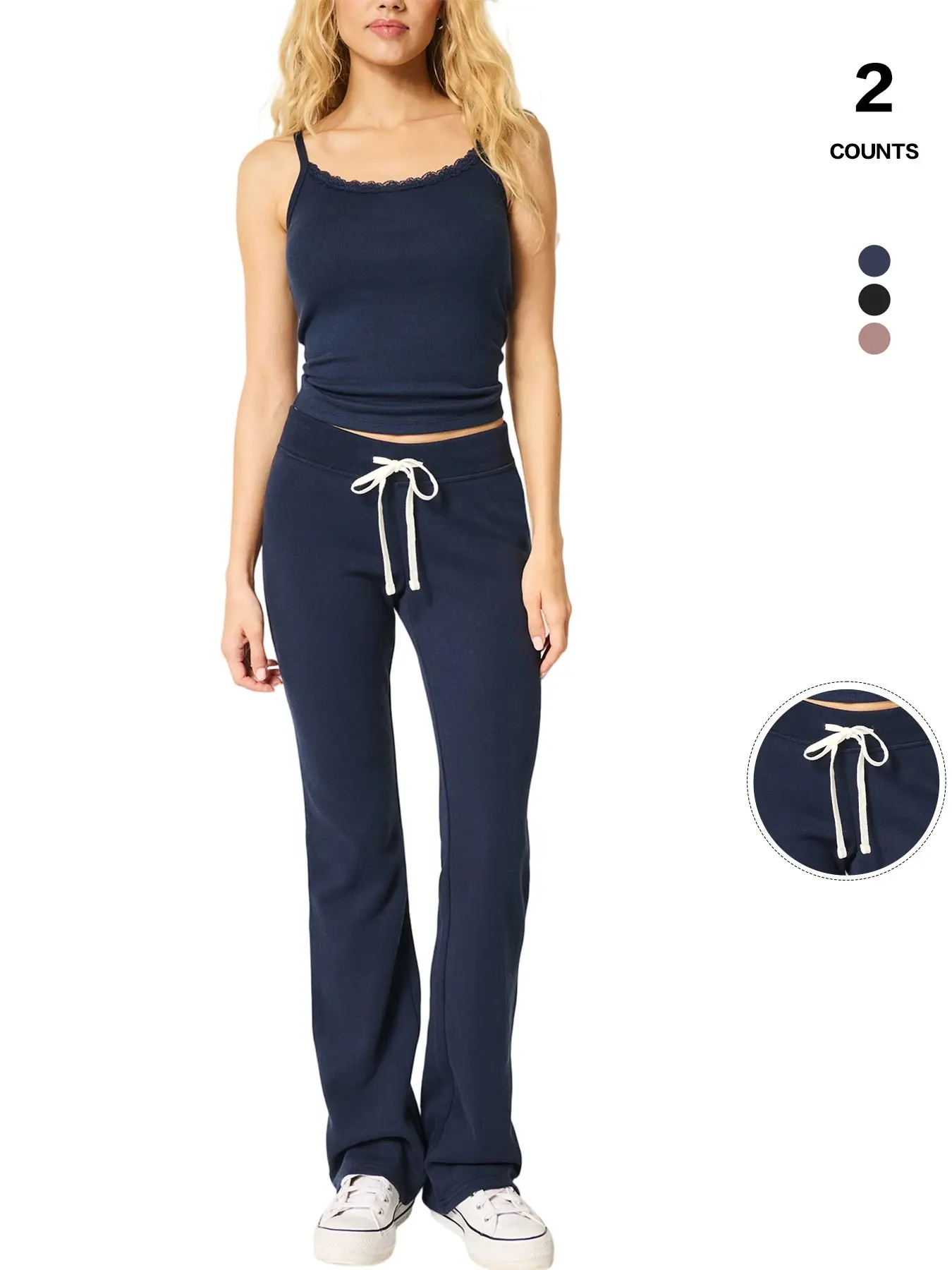 American Retro Low Waist Flared Sweatpants, Casual sweatpants style, Solid Waffle Knit Stretchy Pants, Casual Clothing Set, Travel Home, Hips & Legs Lengthening Design